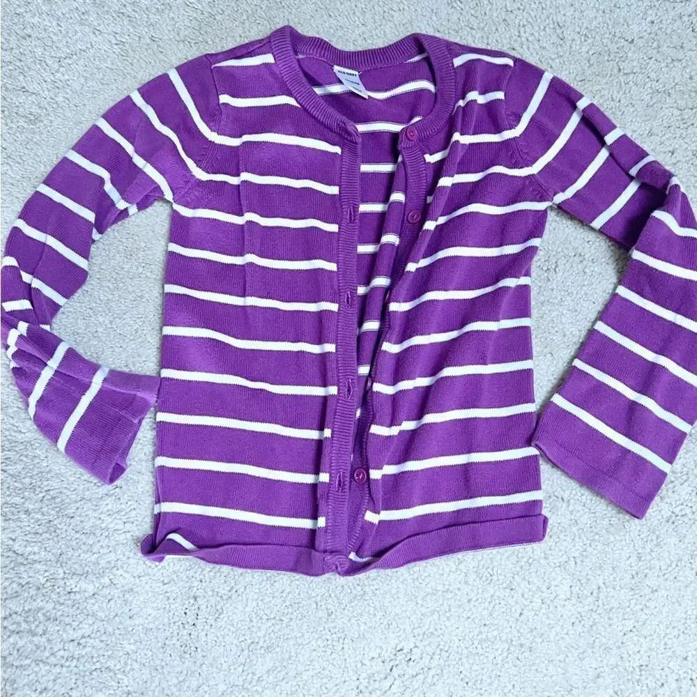 Old Navy Stripe Knit Cardigan Little Girl 5T Purple White EUC